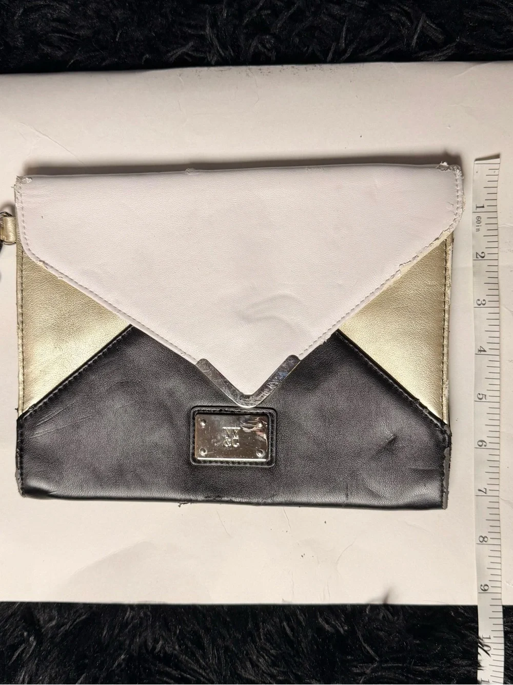 New York & Company Colorblock Envelope Wristlet Clutch Black White Gold